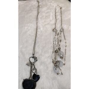 Avon Necklace Lot (2) – Silver Tone Beaded & Heart Charm w/ Black Crystal